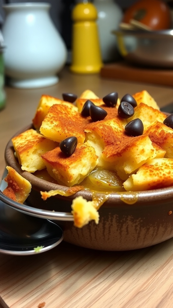 A bowl of eggless bread pudding with chocolate chips and cinnamon, served in a rustic kitchen.